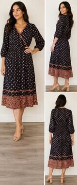 New York & Company Stretch Floral Wrap Dress Women’s M Black Pink 3/4 Sleeve